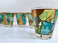Load image into Gallery viewer, Ned Harris Signed Mid-Century Blue and Green Abstract Double Old Fashion Glasses (Set of 5)
