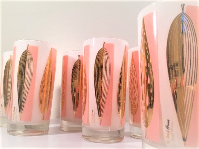 Fred Press - Signed Mid-Century 22-Karat Gold Frosted Pink Leaf Glasses (Set of 6)