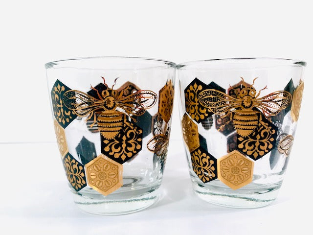 Libbey Black and 22 Karat Gold Bee and Honeycomb Glasses (Set of 2)