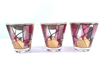 Load image into Gallery viewer, Ned Harris Signed Mid-Century Pink and Purple Abstract Double Old Fashion Glasses (Set of 3)
