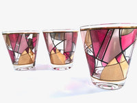 Load image into Gallery viewer, Ned Harris Signed Mid-Century Pink and Purple Abstract Double Old Fashion Glasses (Set of 3)
