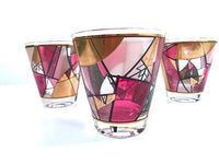 Load image into Gallery viewer, Ned Harris Signed Mid-Century Pink and Purple Abstract Double Old Fashion Glasses (Set of 3)
