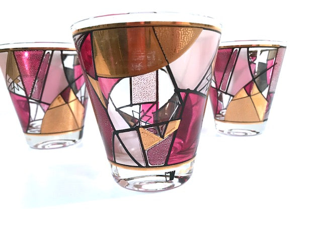 Ned Harris Signed Mid-Century Pink and Purple Abstract Double Old Fashion Glasses (Set of 3)