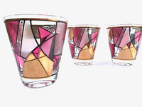 Load image into Gallery viewer, Ned Harris Signed Mid-Century Pink and Purple Abstract Double Old Fashion Glasses (Set of 3)
