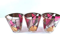 Load image into Gallery viewer, Ned Harris Signed Mid-Century Pink and Purple Abstract Double Old Fashion Glasses (Set of 3)
