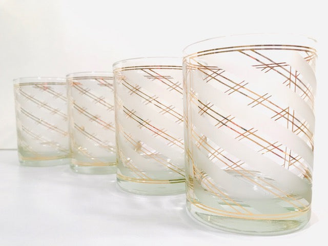 Culver Signed 22 karat Gold and Frosted White Swirl Double Old Fashion Glasses (Set of 4)