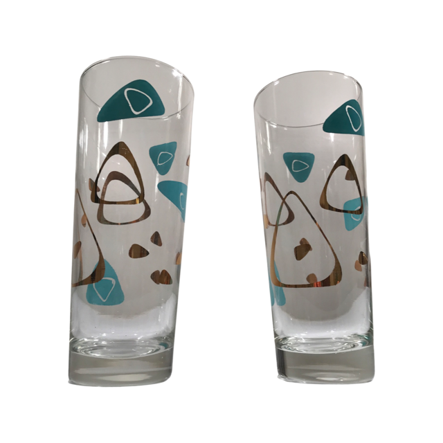 Federal Glass Mid-Century Turquoise and 22-Karat Gold Amoeba Boomerang Atomic Tall Collins Glasses (Set of 2)