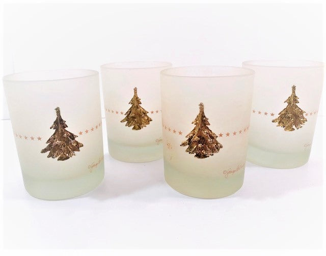 Georges Briard Signed Gold Snowflake Tree Double Old Fashion Glasses (Set of 4)