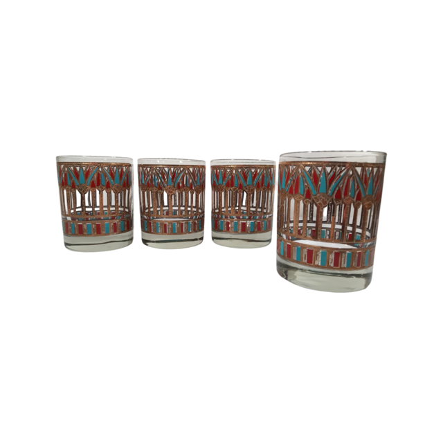 Georges Briard Signed Mid-Century Egyptian Palm Double Old Fashion Glasses (Set of 4)