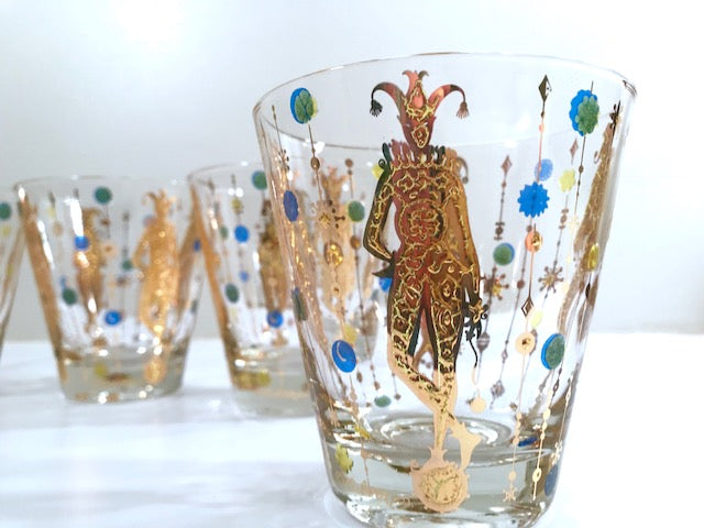 Culver Mid-Century Signed Mardi Gras Jester Double Old Fashion Glasses (Set of 4)
