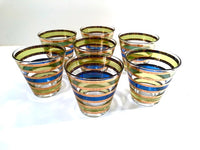 Load image into Gallery viewer, Culver Signed Mid-Century Rondo Blue-Green and Gold Stripe Old Fashion Glasses (Set of 7)
