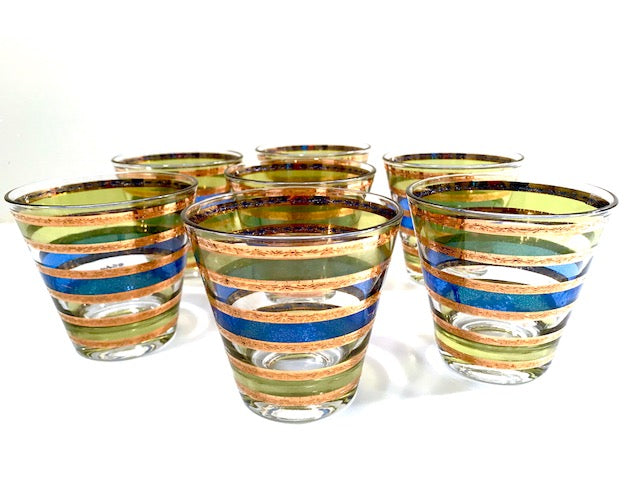 Culver Signed Mid-Century Rondo Blue-Green and Gold Stripe Old Fashion Glasses (Set of 7)