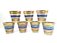 Load image into Gallery viewer, Culver Signed Mid-Century Rondo Blue-Green and Gold Stripe Old Fashion Glasses (Set of 7)
