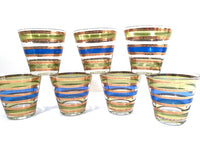 Load image into Gallery viewer, Culver Signed Mid-Century Rondo Blue-Green and Gold Stripe Old Fashion Glasses (Set of 7)
