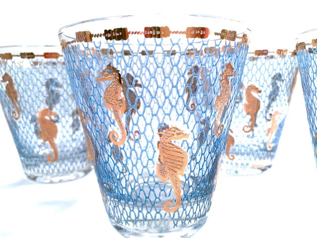 Culver Signed Mid-Century Seahorse Double Old Fashion Glasses (Set of 6)
