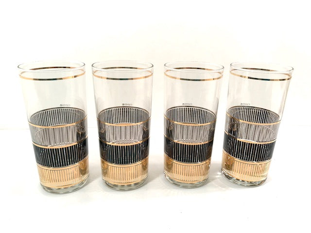 Culver Signed Mid-Century Silver, Black and Gold Highball Glasses (Set of 4)