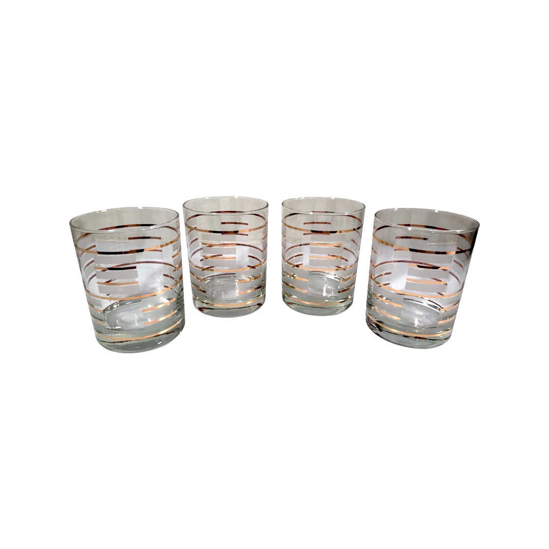 Culver Signed Gold and Frosted White Geometric Double Old Fashion Glasses (Set of 4)