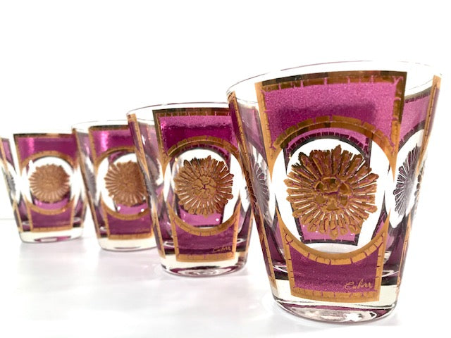 Culver Signed Gold and Amethyst  Double Old Fashion Glasses (Set of 4)