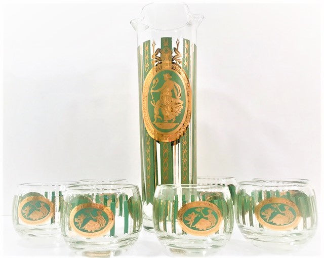 Cera Glass Signed Mid-Century Gold and Avocado 7-Piece Bar Set