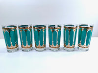 Load image into Gallery viewer, Fred Press Signed Mid-Century Turquoise Stripes &amp; 22-Karat Gold Crown Highball Glasses (Set of 6)
