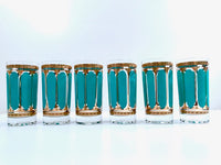 Load image into Gallery viewer, Fred Press Signed Mid-Century Turquoise Stripes &amp; 22-Karat Gold Crown Highball Glasses (Set of 6)
