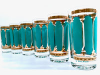 Load image into Gallery viewer, Fred Press Signed Mid-Century Turquoise Stripes &amp; 22-Karat Gold Crown Highball Glasses (Set of 6)
