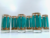 Load image into Gallery viewer, Fred Press Signed Mid-Century Turquoise Stripes &amp; 22-Karat Gold Crown Highball Glasses (Set of 6)
