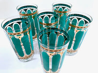 Load image into Gallery viewer, Fred Press Signed Mid-Century Turquoise Stripes &amp; 22-Karat Gold Crown Highball Glasses (Set of 6)
