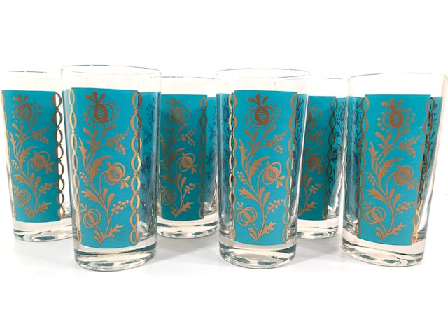 Federal Glass Persian Mid-Century Gold and Turquoise Highball Glasses (Set of 6)