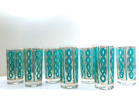 Load image into Gallery viewer, Fred Press Signed Mid-Century Turquoise and Gold Rope Highball Glasses (Set of 7)
