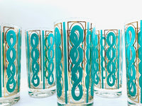 Load image into Gallery viewer, Fred Press Signed Mid-Century Turquoise and Gold Rope Highball Glasses (Set of 7)
