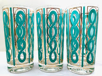 Load image into Gallery viewer, Fred Press Signed Mid-Century Turquoise and Gold Rope Highball Glasses (Set of 7)
