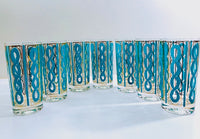 Load image into Gallery viewer, Fred Press Signed Mid-Century Turquoise and Gold Rope Highball Glasses (Set of 7)
