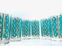 Load image into Gallery viewer, Fred Press Signed Mid-Century Turquoise and Gold Rope Highball Glasses (Set of 7)
