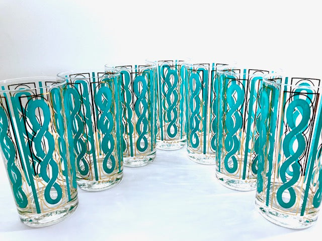 Fred Press Signed Mid-Century Turquoise and Gold Rope Highball Glasses (Set of 7)