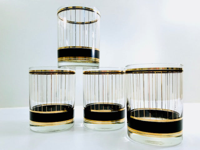 Culver Signed Mid-Century Black and 22-Karat Gold Devon Double Old Fashion Glasses (Set of 4)