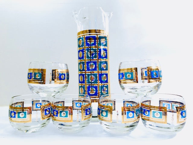 Culver Signed Mid-Century Blue -Green and 22-Karat Gold 8-Piece Cocktail Set