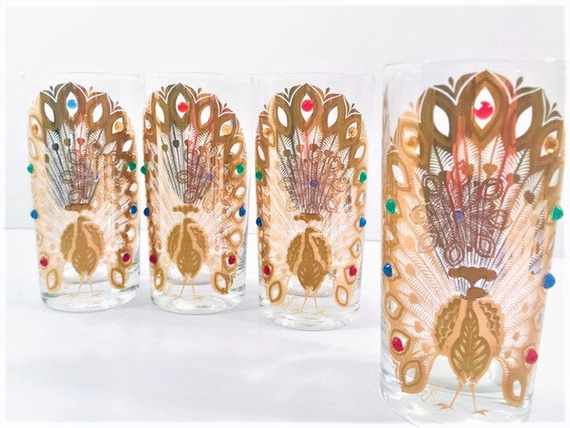 Culver Signed Mid-Century 22-Karat Gold Peacock Highball Glasses (Set of 4)
