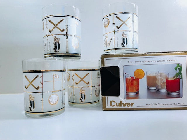 Culver Signed Mid-Century Golf Double Old Fashion Glasses (Set of 4)