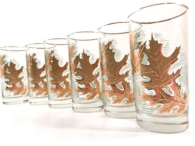 6 Vintage Mid Century Libbey Glass Tumblers Sea Foam Green & store Gold Trees