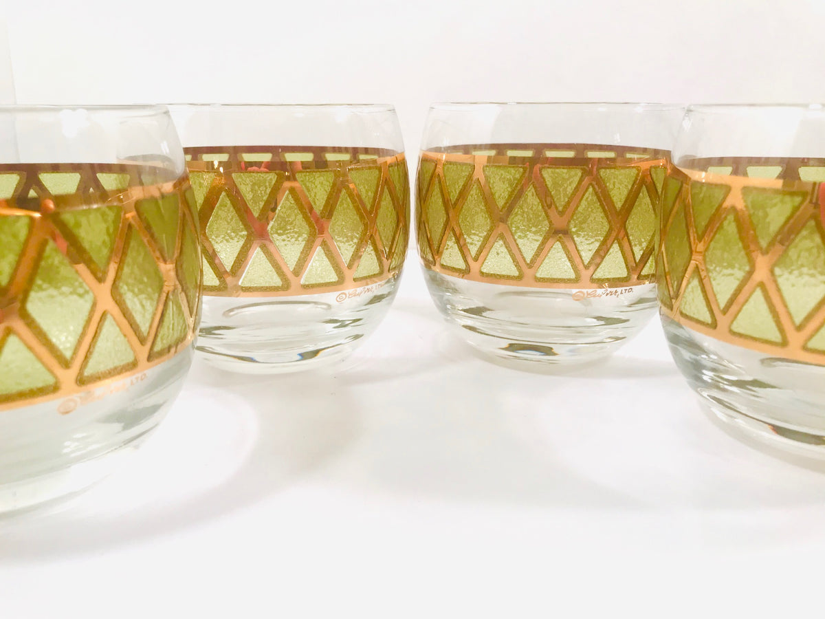 Culver Signed Gold and Green Diamond Roly Poly Glasses (Set of 4)