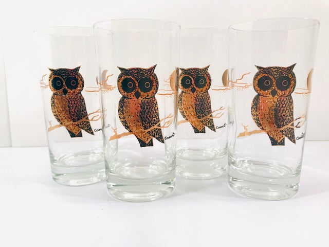 Couroc Signed Mid-Century Black and 22-Karat Gold Owl Glasses (Set of 4)
