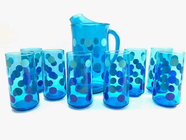 Retro Blue Polka Dot 9-Piece Set (8 Highball Glasses & Pitcher)