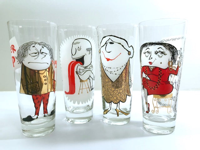 Mid-Century Osborne Kemper Thomas Humorous Tall Collins Glasses (Set of 4)