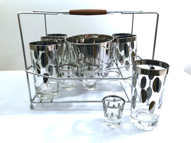 Vitreon Queens Luster Mid-Century Polka Dot 14-Piece Bar Set (Set of 12 Glasses, Ice Container and Atomic Carrier)