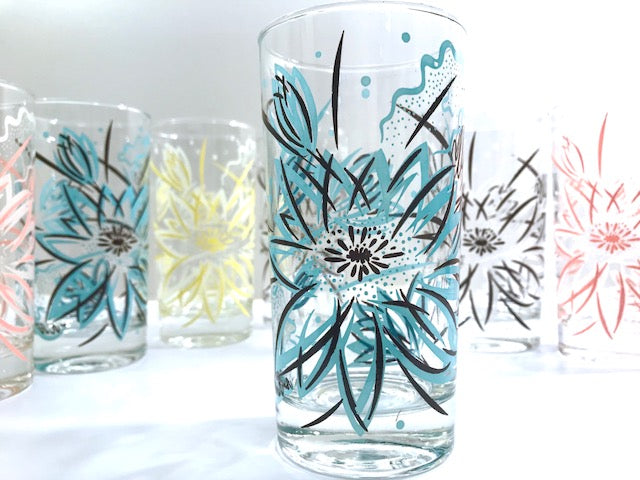 Vintage Abstract Flower Highball Glasses (Set of 7)