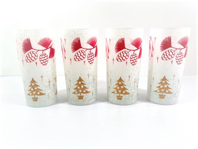 West Virginia Glass Pavl Signed Vintage Mid-Century Frosted Christmas Glasses (Set of 4)