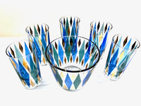Load image into Gallery viewer, Mid-Century Blue, Green, Gold Harlequin 6-Piece Cocktail Set
