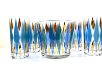 Load image into Gallery viewer, Mid-Century Blue, Green, Gold Harlequin 6-Piece Cocktail Set
