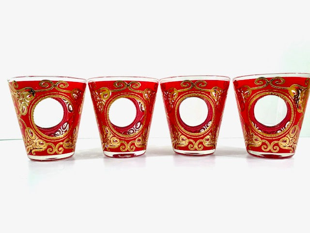 Culver Signed Gold and Red Regal Scroll Double Old Fashion Glasses (Set of 4)